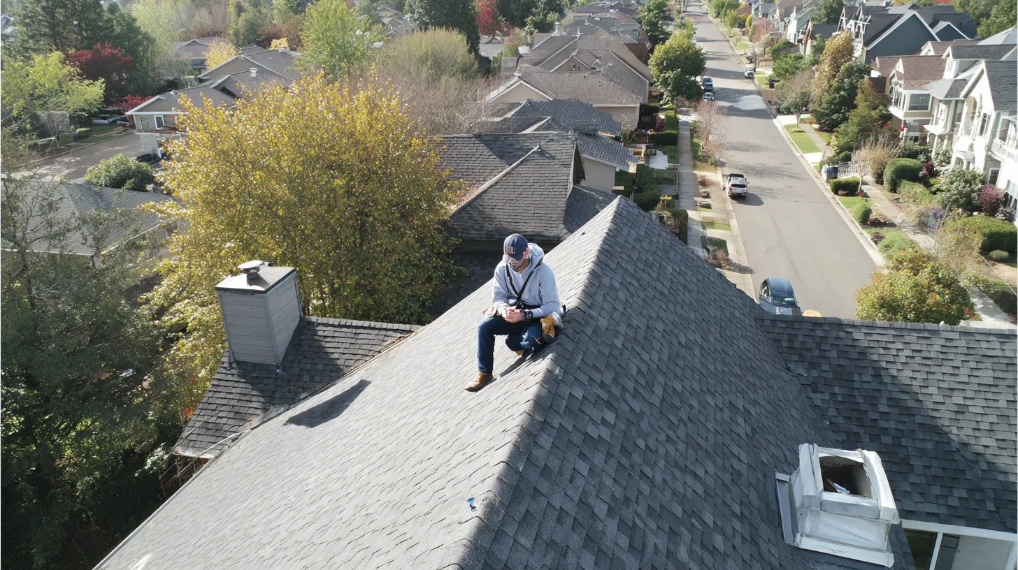 Roofer assessing a residential roof