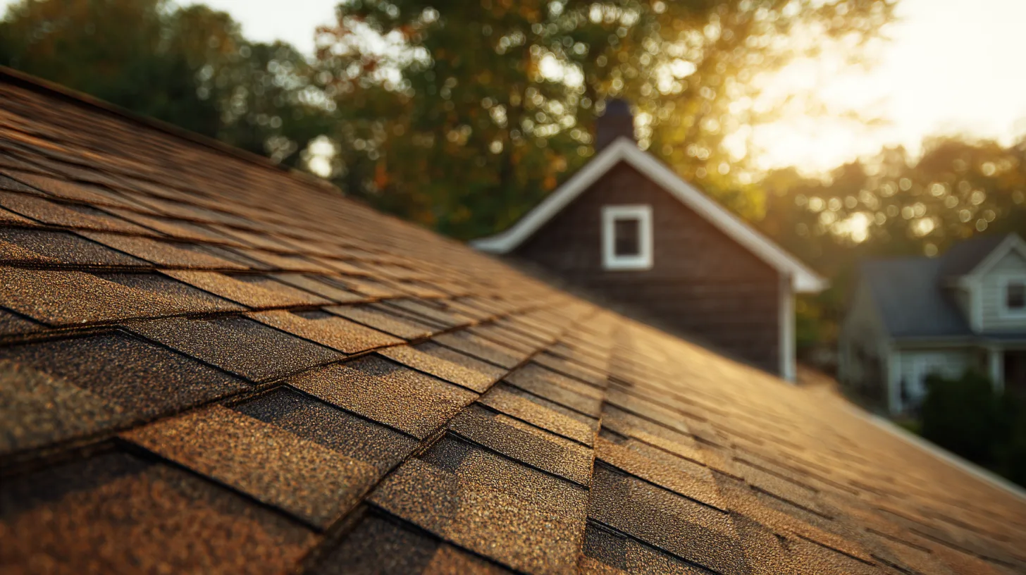 Asphalt shingle roof at golden hour